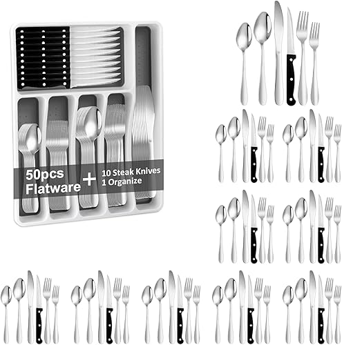 61 piezas de juego de cubiertos plateados con organizador, juego de cubiertos de acero inoxidable plateado para 10 utensilios de cocina