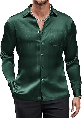COOFANDY Camisa de vestir de satén de lujo para hombre, de seda brillante, de manga larga, con botones, camisa de boda, fiesta, baile de graduación