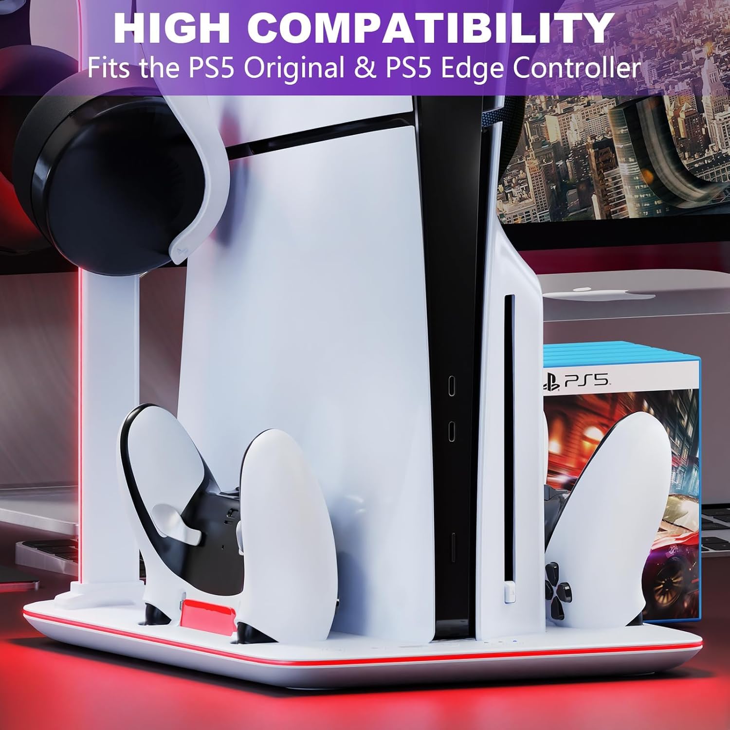 Cooling Station for PS5 Slim & PlayStation 5 Pro Console,Headset Holder PS5 Accessories Dual Controller Charging Station for PS 5 Controllers, 7 RGB Light, Don fit The Regular PS 5