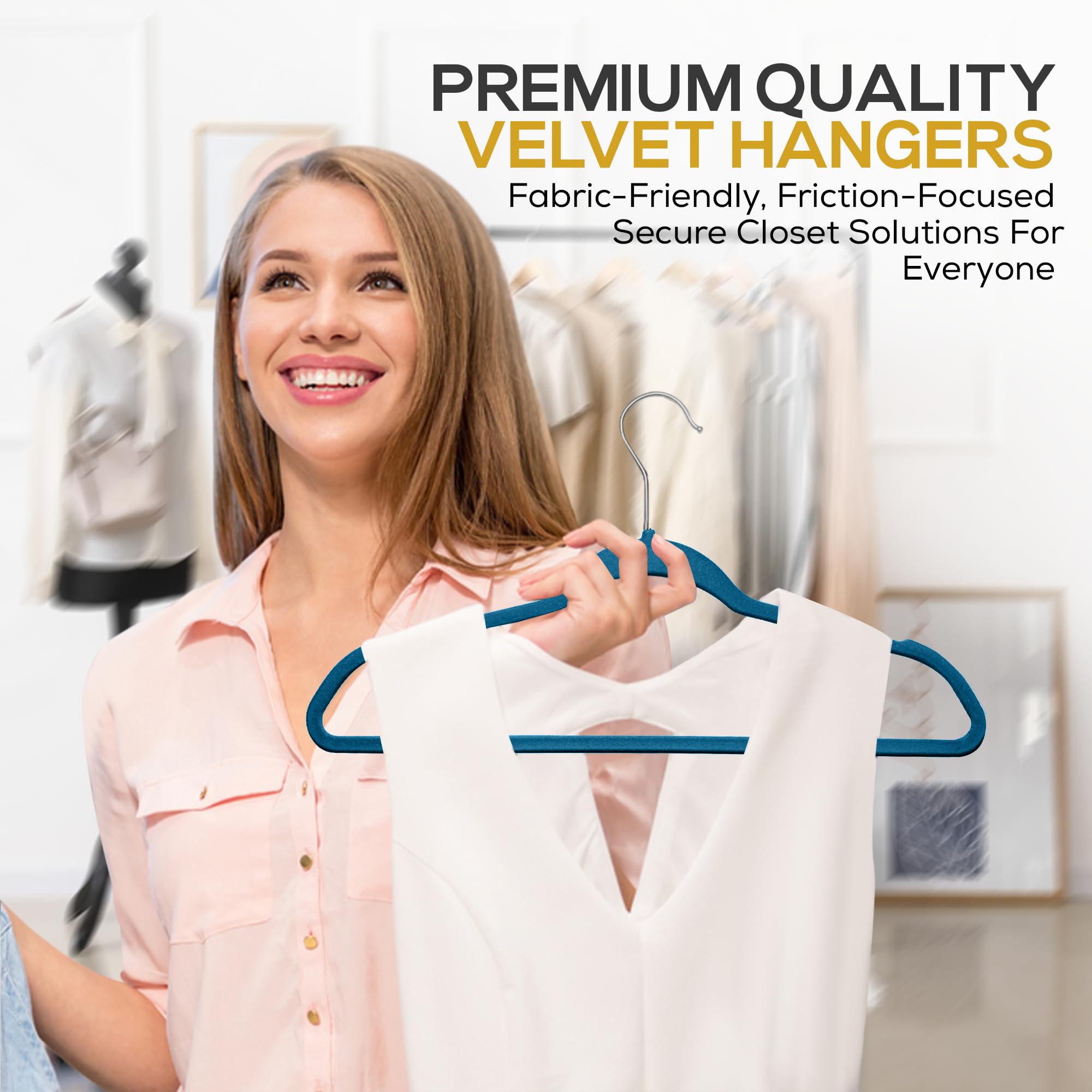 Techzoo Premium-Samt-Kleiderbügel, 50 Stück, ultradünn, rutschfest, für Erwachsene, platzsparend, schmal, Anzugbügel für Schrank, robuste Mäntel, Hosen, Jacken, Kleiderbügel, hält bis zu 4.5 kg, Blau