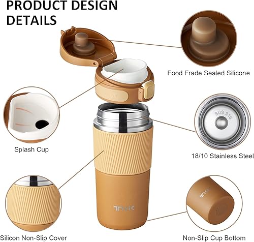 Miniatura 5 de Taza térmica de viaje para café de doble pared, a prueba de fugas, termo reutilizable de acero inoxidable, 15 onzas, caqui