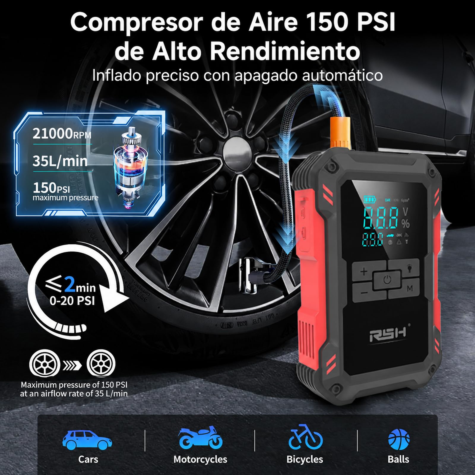 RSH Arrancador de Baterías de Coche 4000A con Compresor de Aire 150PSI – Jump Starter Portátil 12V 10000mAh para 9,0L Gasolina y 6,5L Diésel – Pantalla LCD, Linterna LED, Carga USB 18W