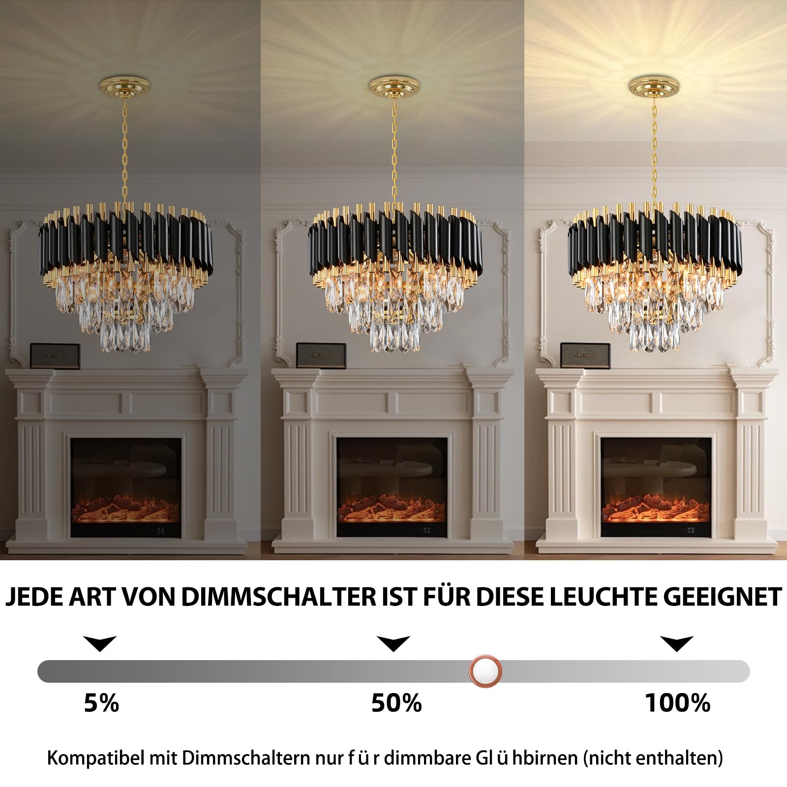 Lámpara de Araña de Cristal Moderna, Negro y Dorado Ronda de cristal colgante de iluminación, 3-Tier Raindrop Chandelier Light Fixture para la sala de estar, comedor, dormitorio, E14 x 5, D40cm