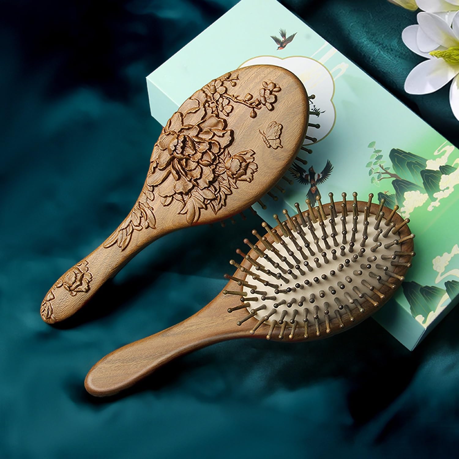 Spazzola per Capelli, Pettine Ovale in Legno per Massaggio con Intaglio di Fiori di peonia, Spazzola per Capelli antistatica districante con Cuscino d'Aria massaggiante