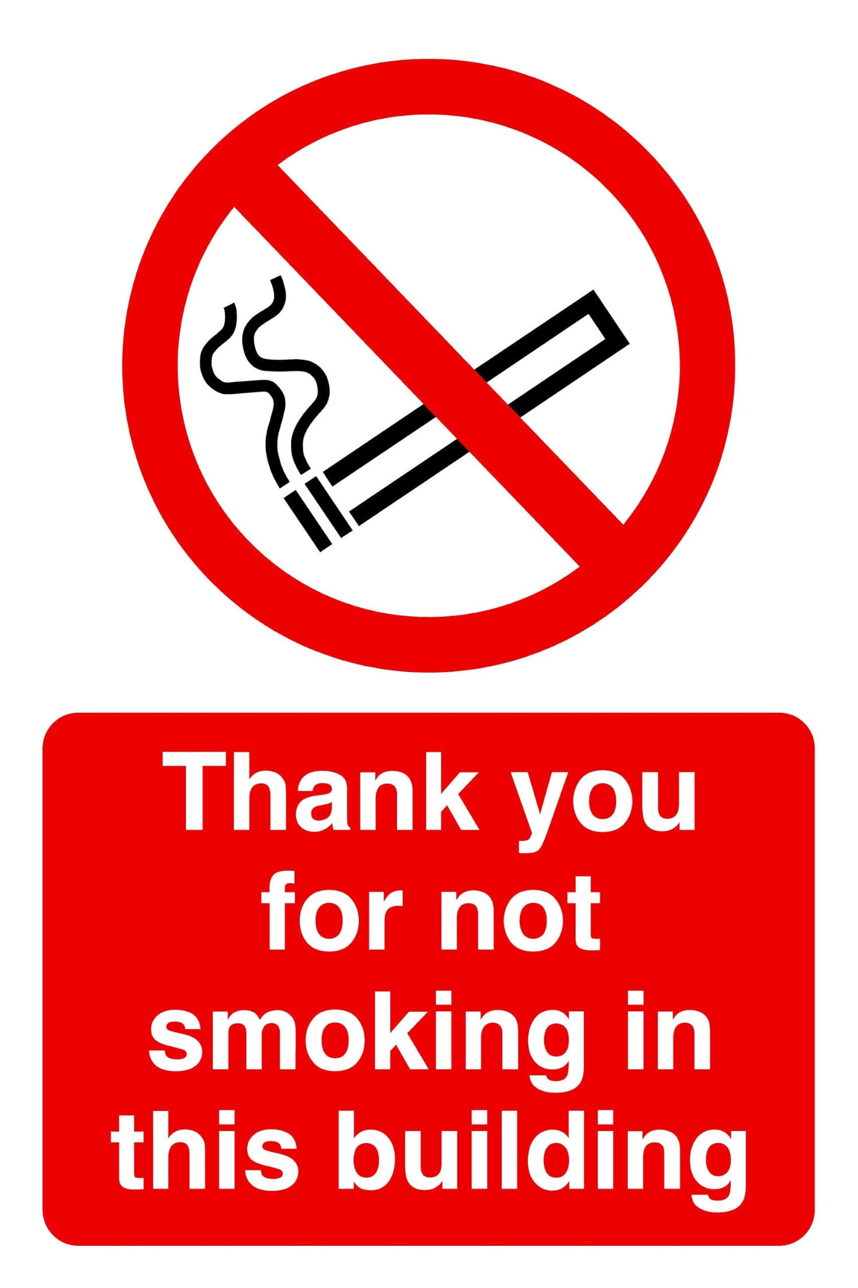 Thank you for not smoking in this building sign - High tack self-adhesive sticker (600mm x 400mm) Viewing Distance within 20m.
