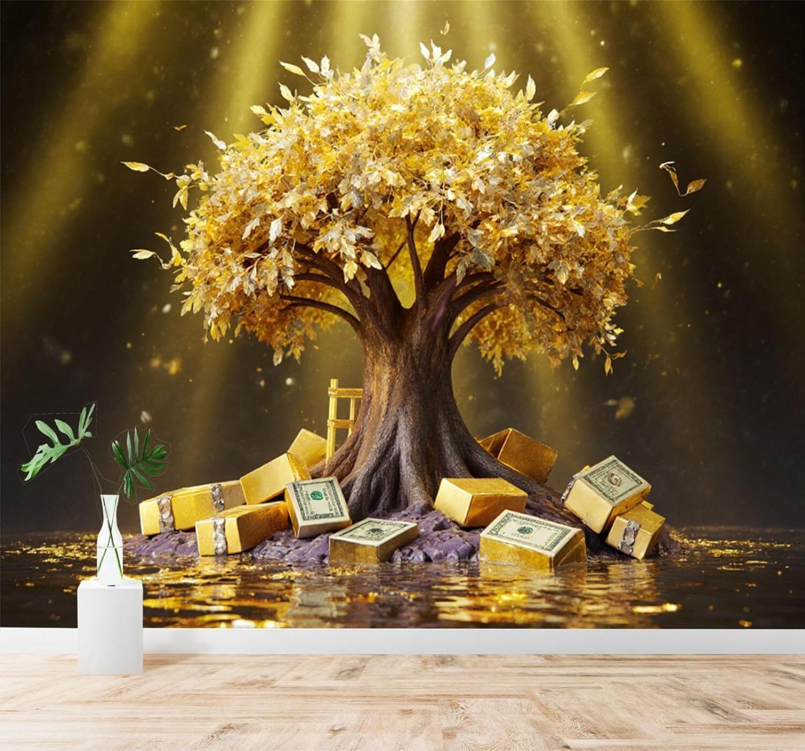 Tzxztt Three Dimensional Contemporary Luxury Opulent Golden Light Golden Trees Modern 3D Wallpaper Premium Textured Silk Neutral Tones Material Ideal for Living Room Bedroom-350cm×256cm