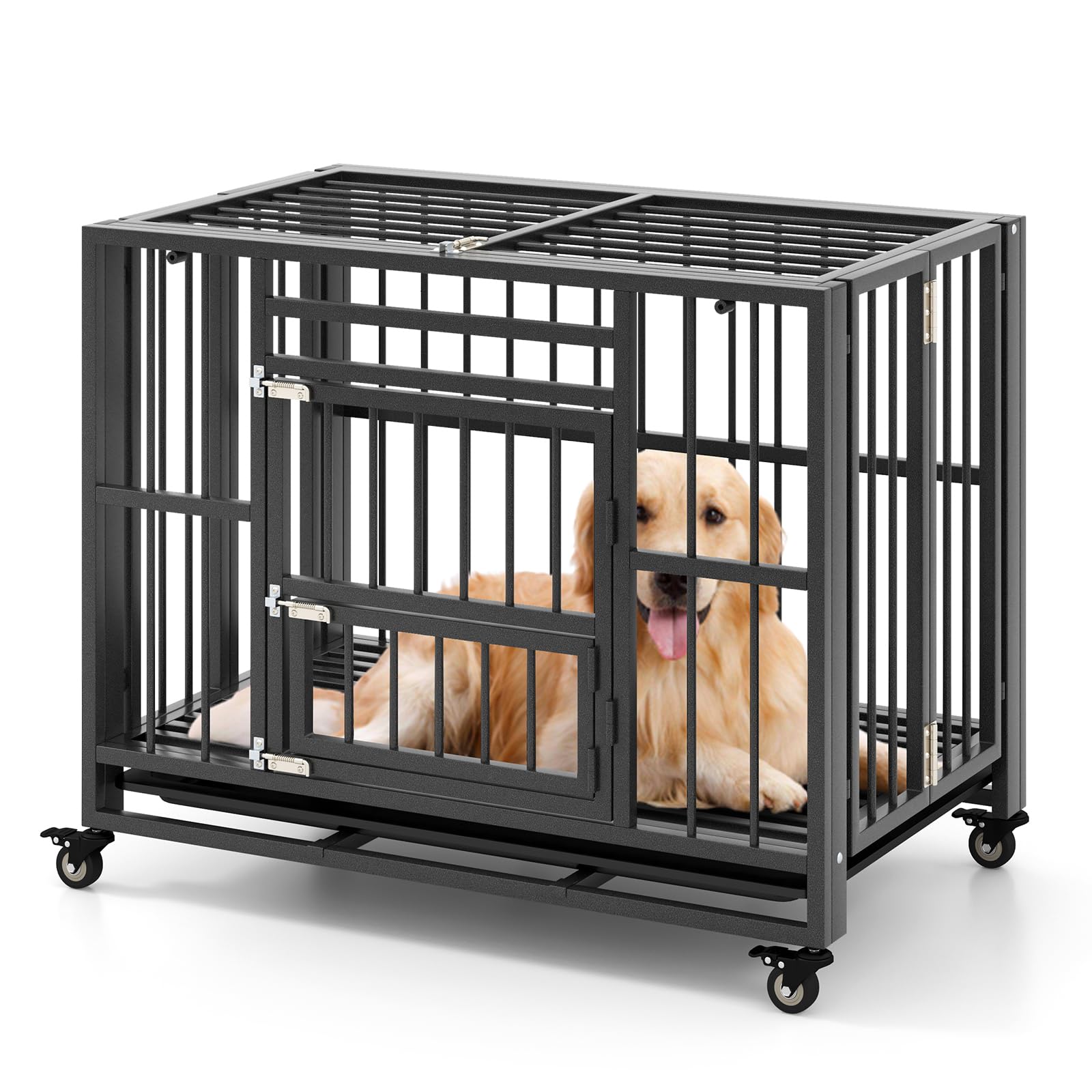 COSTWAY Heavy Duty Dog Crate, 38 inch Folding Pet Cage on Wheels with Removable Tray, 3 Lockable Doors, Metal Puppy Training Crates for Small Medium Sized Dogs