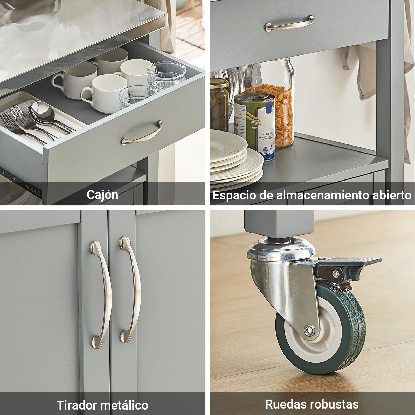 SoBuy Carrito Cocina con Ruedas, encimera INOX & 4 Ruedas, 60x92x44cm | Mueble Auxiliar con cajón, estante abierto & armario de 2 puertas, compacto, MDF, cocina & exterior & dormitorio, FKW22-HG