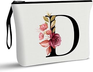 Vavabox A-Z Personalized Makeup Bag, Birthday Gifts for Women Mom, Gifts for Best Friend, Bride Bridesmaid Cosmetic bag (D, 01-White)