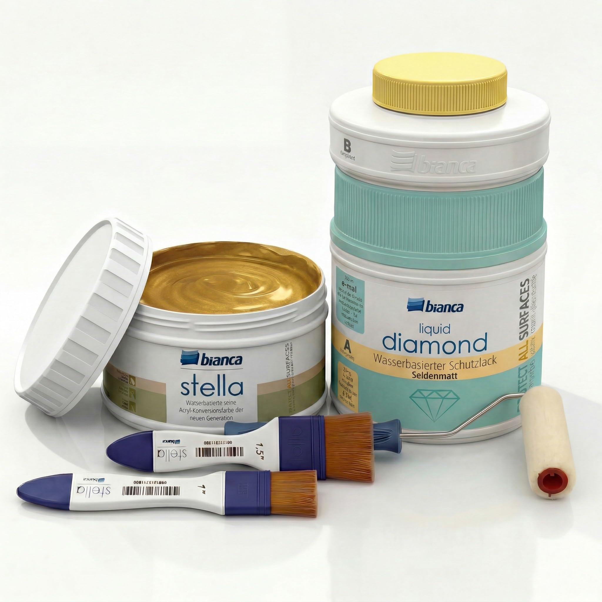 Bianca Stella Universalfarbe 250ml, Metallic-Gold & Seidenmatt 2K Schutzlack 600g mit Rolle & Pinseln - Parfümierte Renovierfarbe für Möbel, Holz, Fliesen, Metall & Kunststoff