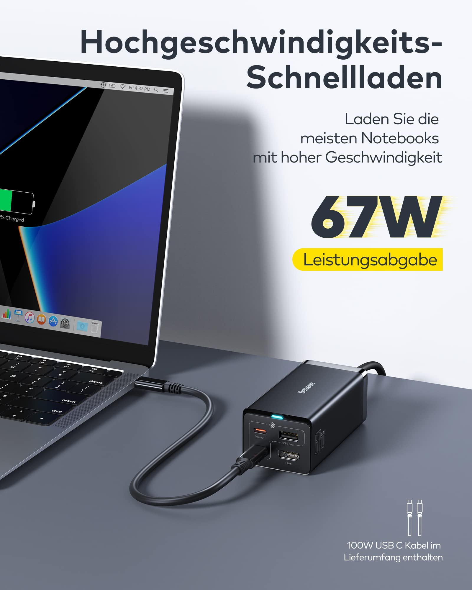 Baseus 67W Estación de Carga USB-C GaN5 para Steam Deck, Nintendo Switch, Mac-Book y Samsung Galaxy con 2 Puertos USB-C y 1 Puerto HDMI