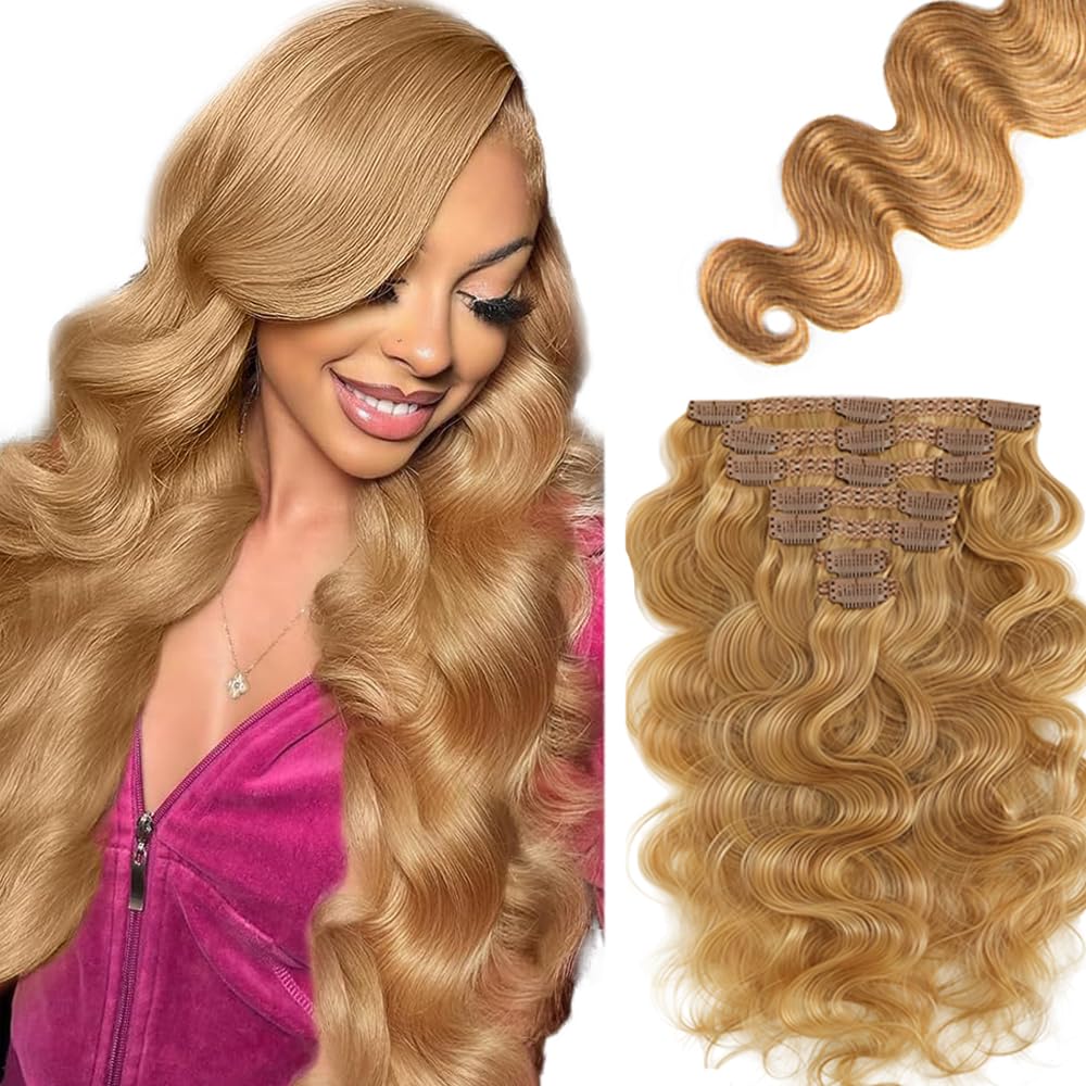 Photo 1 of #27 Blonde Body Wave Clip in Hair Extensions - 26 Inch Real Remy Soft Human Hair,120g 7pcs,Honey Blonde Human Hair Extensions #27 Body Wave Clip ins