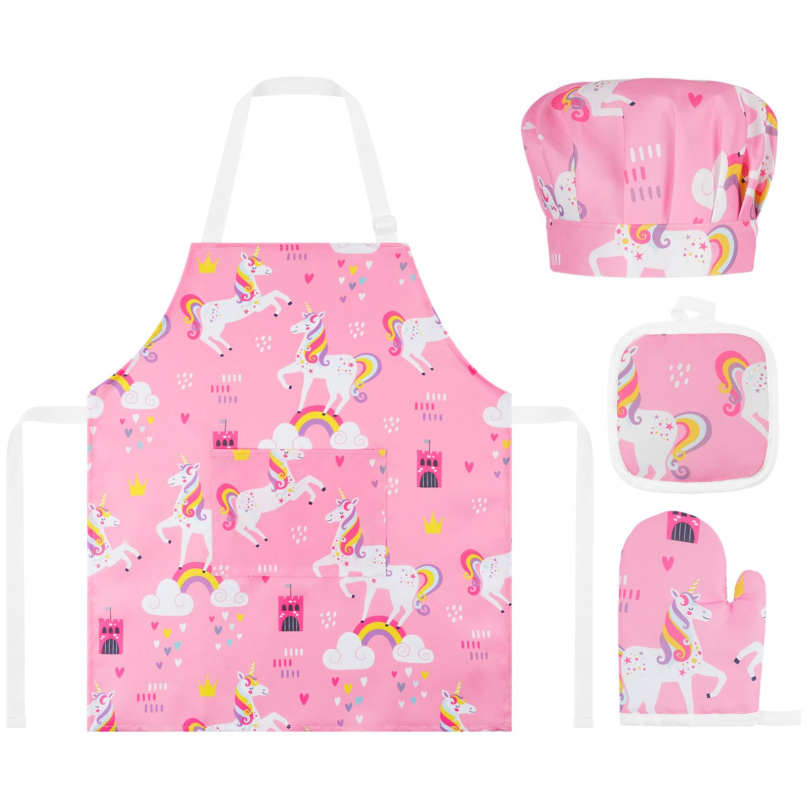 ABOHU Kids Apron and Chef Hat Set, Children Apron Adjustable with Pocket, Including Oven Gloves and Heat Protection Pad