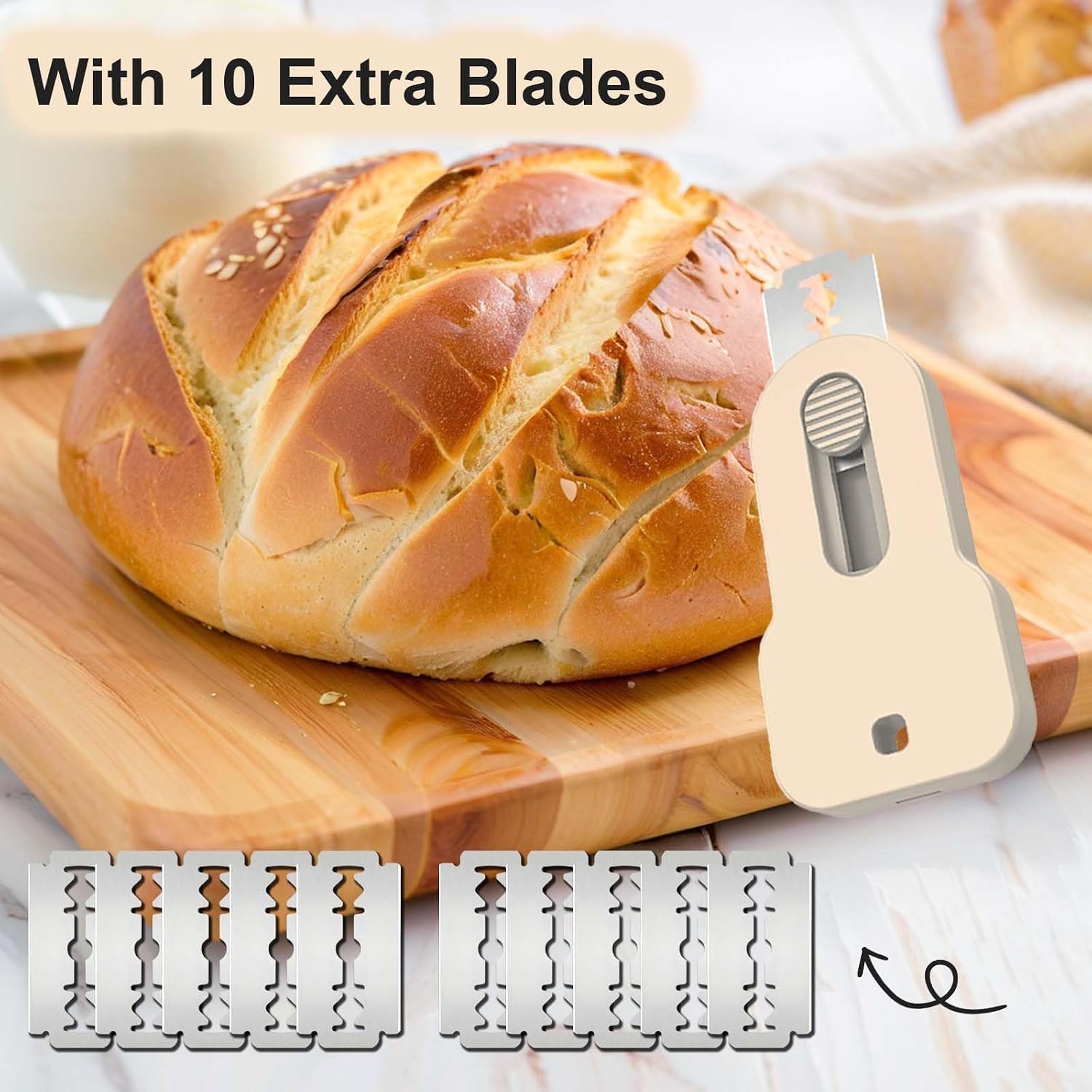 Magnetic Retractable Bread Lame Sourdough Scoring Tool with Ergonomic ABS Handle, Stainless Steel Blade Auto-Retract Safety, Beige Baking Accessory Kit Includes 5 Replacement Blades, Kitchen Storage