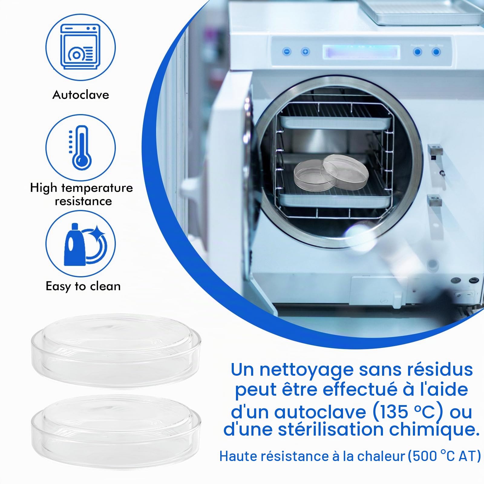 Boîtes de Pétri en verre avec couvercle : 10 boîtes de Pétri stérile transparentes, 90 x 20 mm, bol de culture cellulaire Petri en verre borosilicate, boîtes de pétri en verre autoclavables