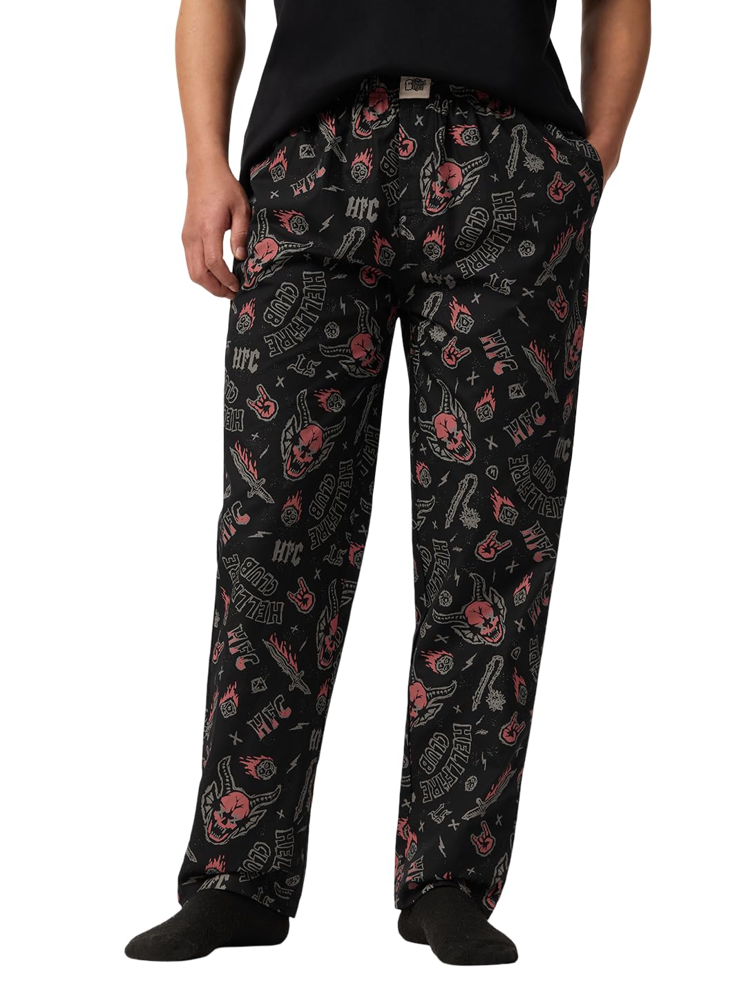the souled store Stranger Things: Hellfire Men and Boys Elastic Waistband Black and Red All-Over Print Cotton Regular Fit Lightweight Sleepwear Pyjamas-picture-14