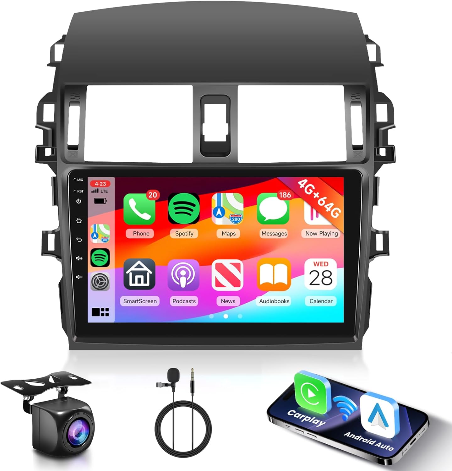 [4G+64G] Android Car Stereo for Toyota Corolla 2009-2013 Radio with Wireless Carplay Android Auto Mirror Link, Hodozzy 9 inch Touch Screen with GPS, Mirror Link, Bluetooth, WiFi, 32EQ, FM/RDS Radio