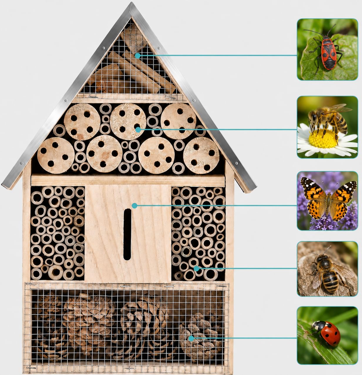 Holz-Maurer-Insekten-Bienen-Schmetterlingshaus, Insektenhotel, EIN Outdoor-Lebensraum aus Bambus für Biene, Schmetterling, Marienkäfer, Schmetterlings-Lebensraum für Garten, 22.9x39.7x6.3 cm