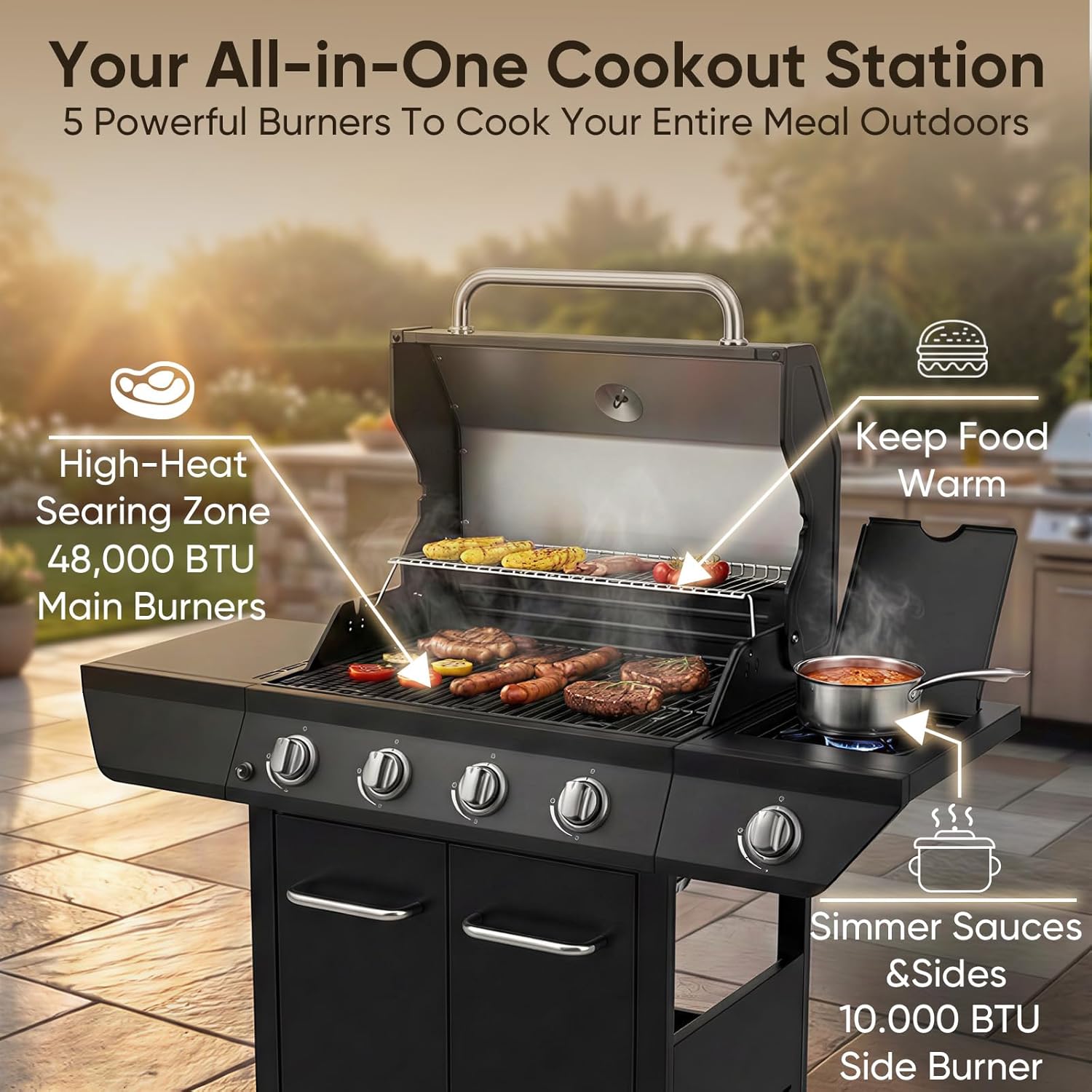 TABU 4-Burners Propane Gas Grill with Side Burner, 58,000 BTU Outdoor BBQ Grill with Cast Iron Grate & Enameled Tamer, Strorage Shed, Wheels for Outdoor Patio Garden