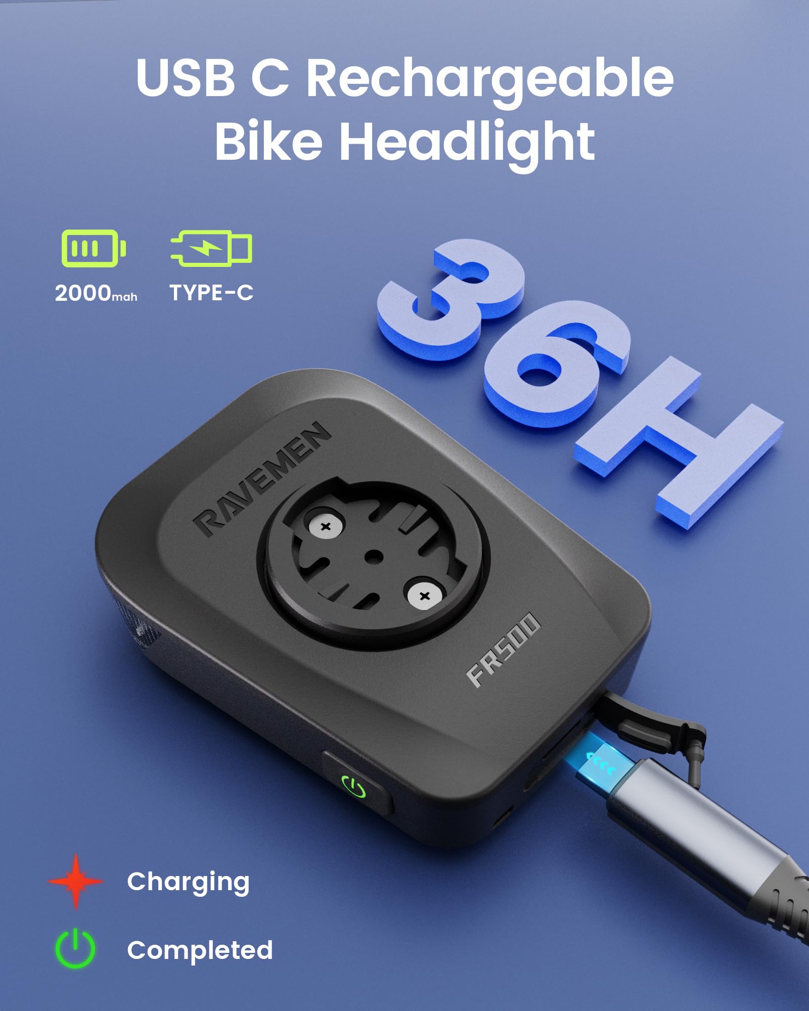 RAVEMEN FR500 Luce anteriore per bicicletta per guida notturna, compatibile con computer Garmin/Wahoo, 6 modalità, accensione e spegnimento automatico, visibilità laterale, ricaricabile e uscita USB-C