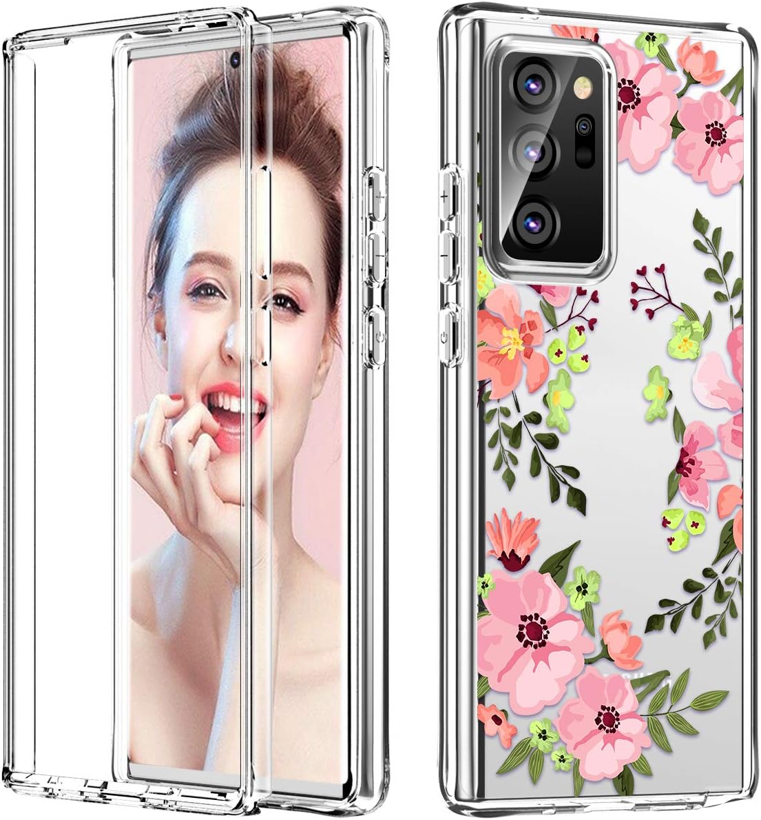 Hocase Galaxy Note 20 Ultra Case, Shockproof Anti-Scratch Soft TPU Black Cover+Hard Front Casing 2-Piece Protective Case for Samsung Galaxy Note 20 Ultra (6.9-inch) 2020 - Clear Flower Design