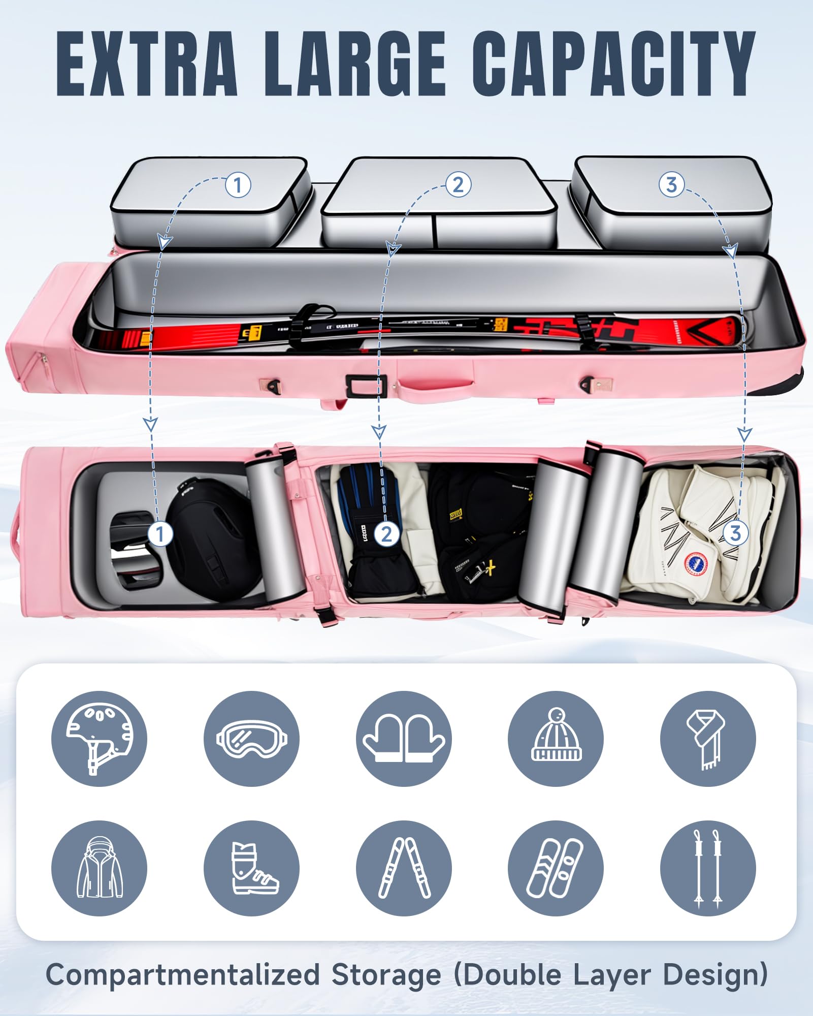 MANUEKLEAR Rollende Ski-Reisetasche für Ski von 170-190 cm, langlebige & wasserdichte Snowboardtasche mit Rollen, Faltbare Doppel-Skitasche mit weich gepolsterten und abnehmbaren Schultergurten