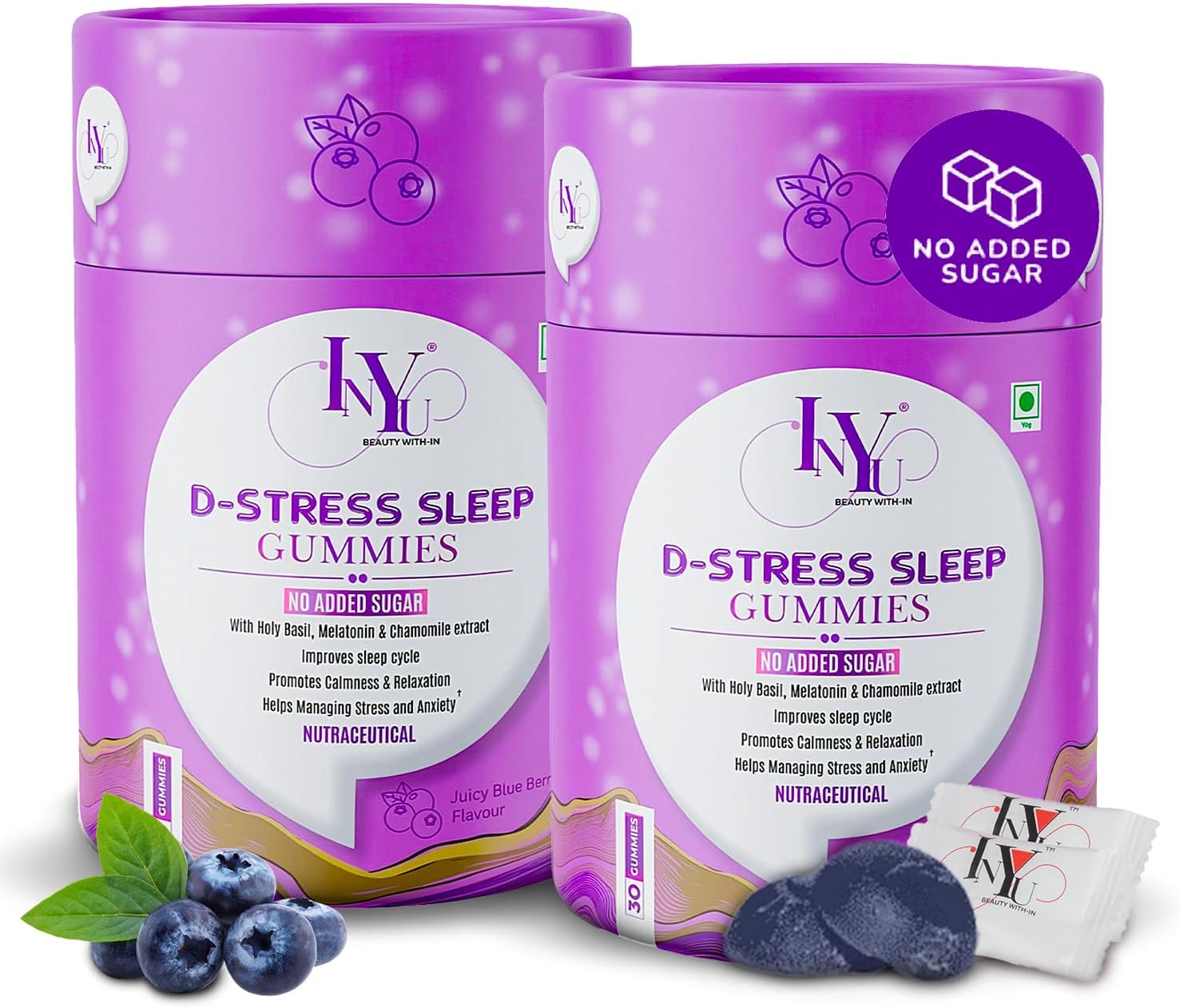 INYU D-Stress Melatonin 5mg Sleep Gummies — 60 Days Pack | No Added Sugar | With Holy Basil & Chamomile for muscle relaxation | Natural Non-habit forming | Stress & Sleep Support | Blueberry Flavor | for Women & Men