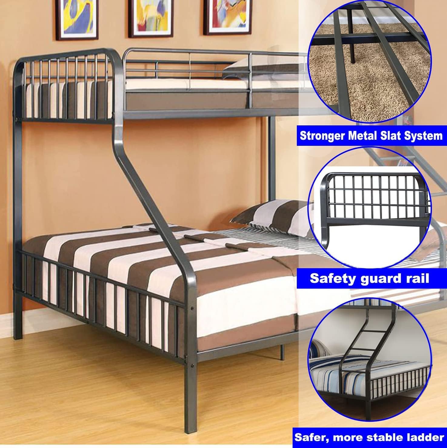 LEEKOUS Upgrade Version Stronger Metal Twin XL Over Queen Bunk Bed, Industrial Style Heavy Duty Thicken Steel Bunk Beds Frame Twin XL Over Queen Size with Ladder, Easier Assembly, Gunmetal