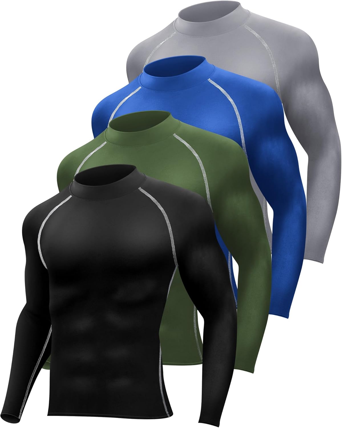 Hicarer 4 Pcs Men's Athletic Compression Shirts Workout Running Long Sleeve Shirt Mock Neck Dry Base Layer Tops