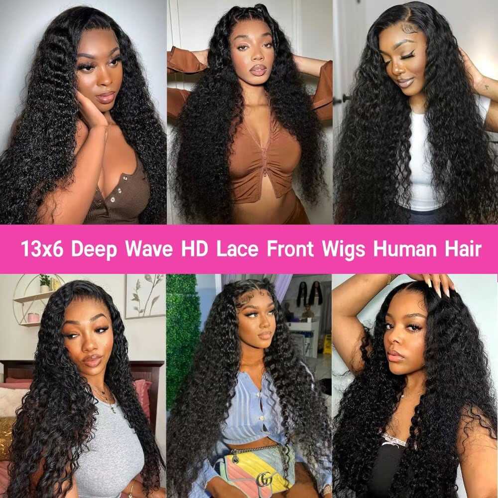 Miminis 24 Inch Deep Wave Lace Front Wigs Human Hair 200% Density HD Transparent Deep Curly Frontal Wigs Human Hair Pre Plucked with Baby Hair