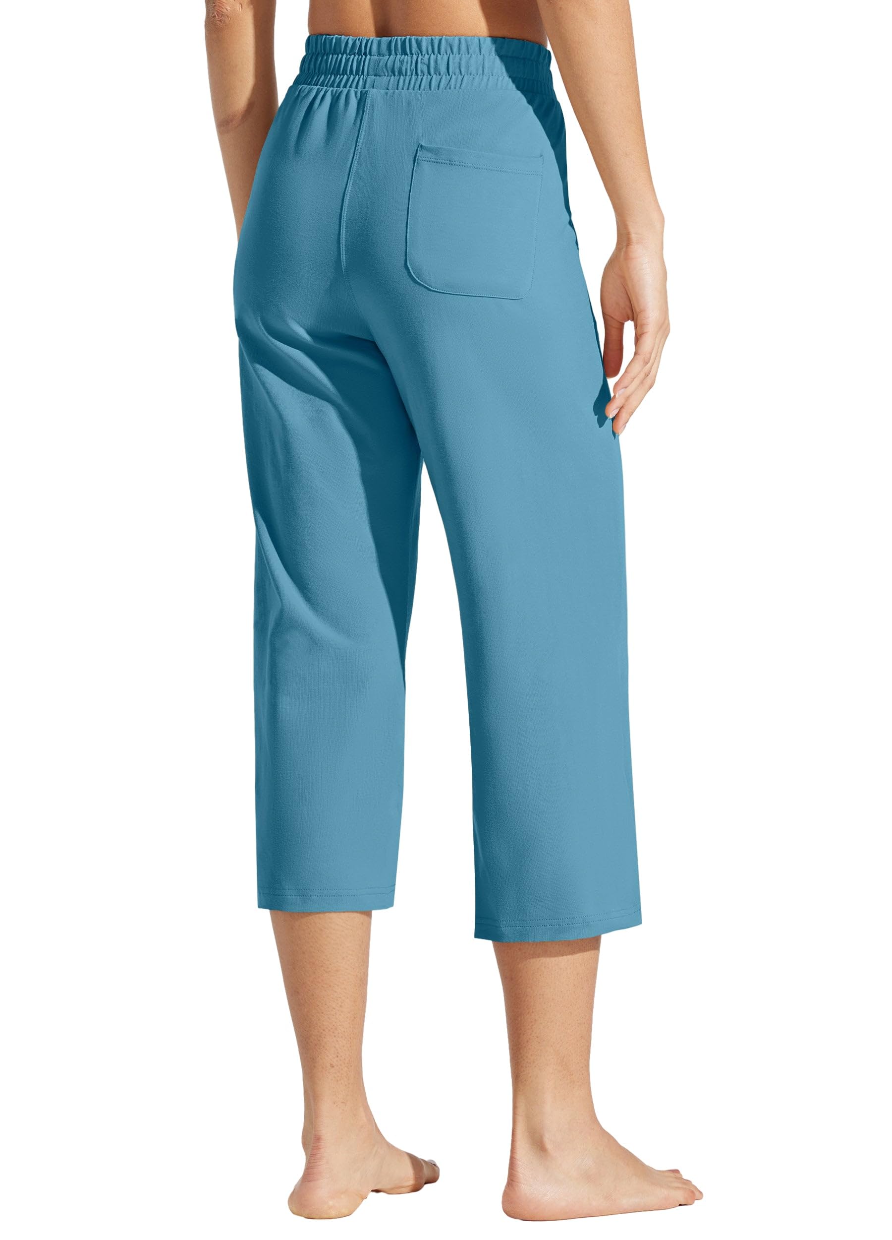 Willit Pantacourt de yoga en coton pour femme - Pantalon de yoga décontracté à jambes larges avec poches - 50,8 cm, bleu océan, Taille L