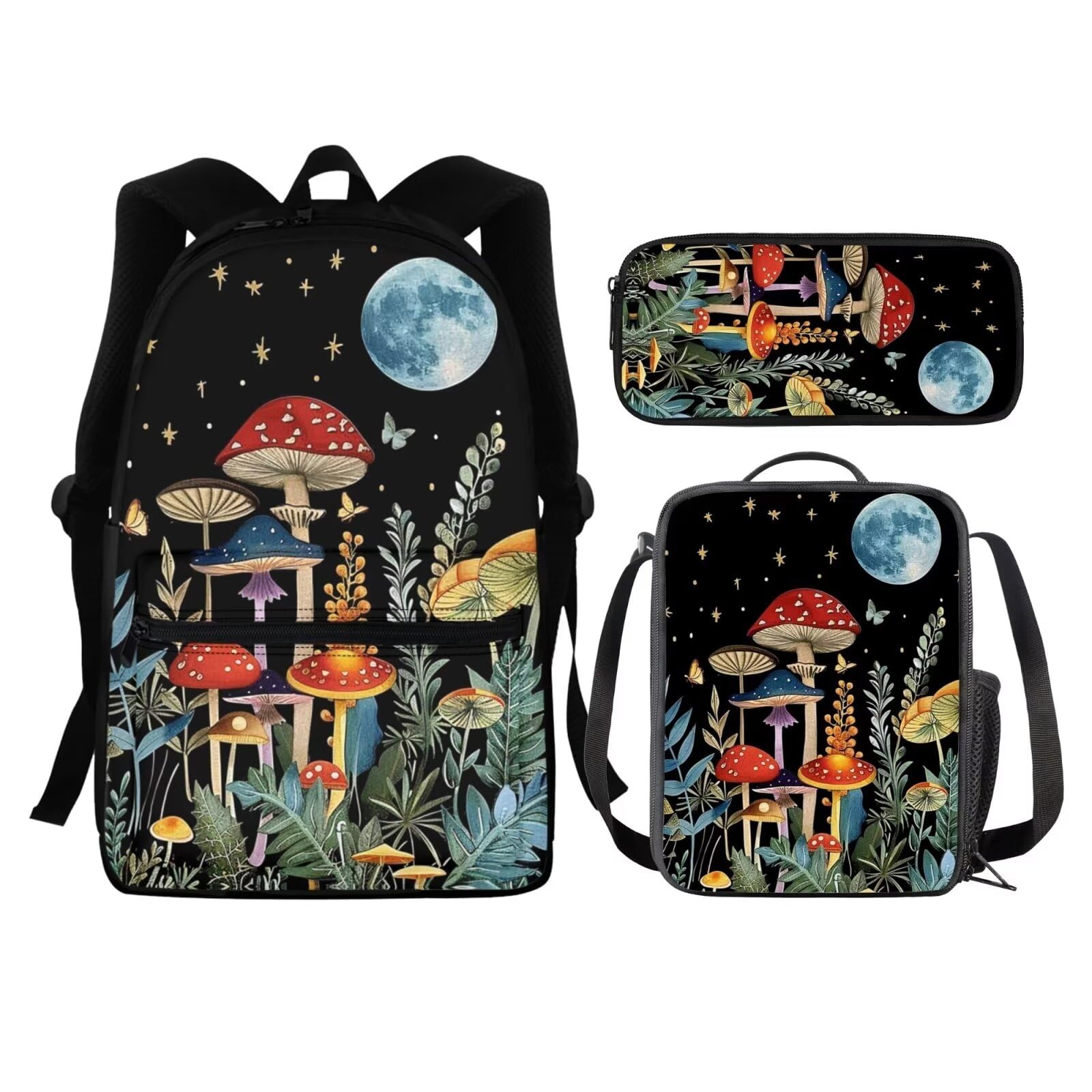 Tongluoye Mushroom School Bag With Lunch Box for Girls Boys Ages 8-10/10-12 Bookbag Elementary Middle High School Backpack Kids Schoolbag Pencil Case