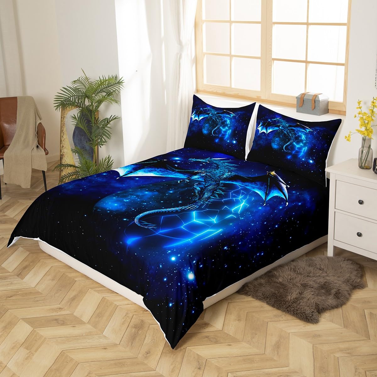 Loussiesd Galaxy Dragon Bettbezug 135x200 cm Kinder Chic Weltraum Sternenhimmel Bettwäsche Set Dschungeltiere Drachen Bettwäsche für Jungen Kinder Teens Schlafzimmer Dekor Blau Schwarz Betten Set