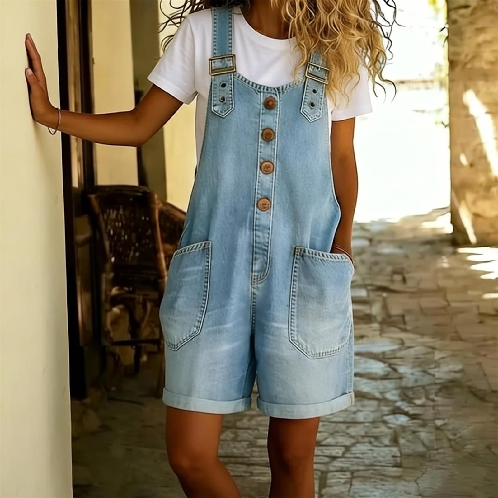 Salopette En Jean Pour Femme - Sans Manches Coupe Ample Vintage En Denim De Lavé Combinaisons à Jambes Larges Conception De Boutons Et Bretelles Réglables Avec Poches Décontracté Short