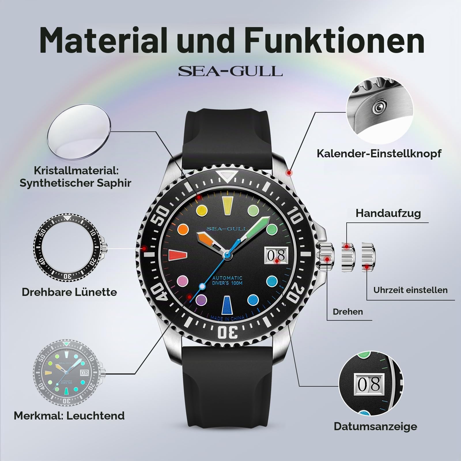 SEA-GULL Automatische Taucheruhr für Herren, 100 m wasserdicht, mechanische Armbanduhr mit bunten Markierungen, synthetisches Saphirglas, Silikonband