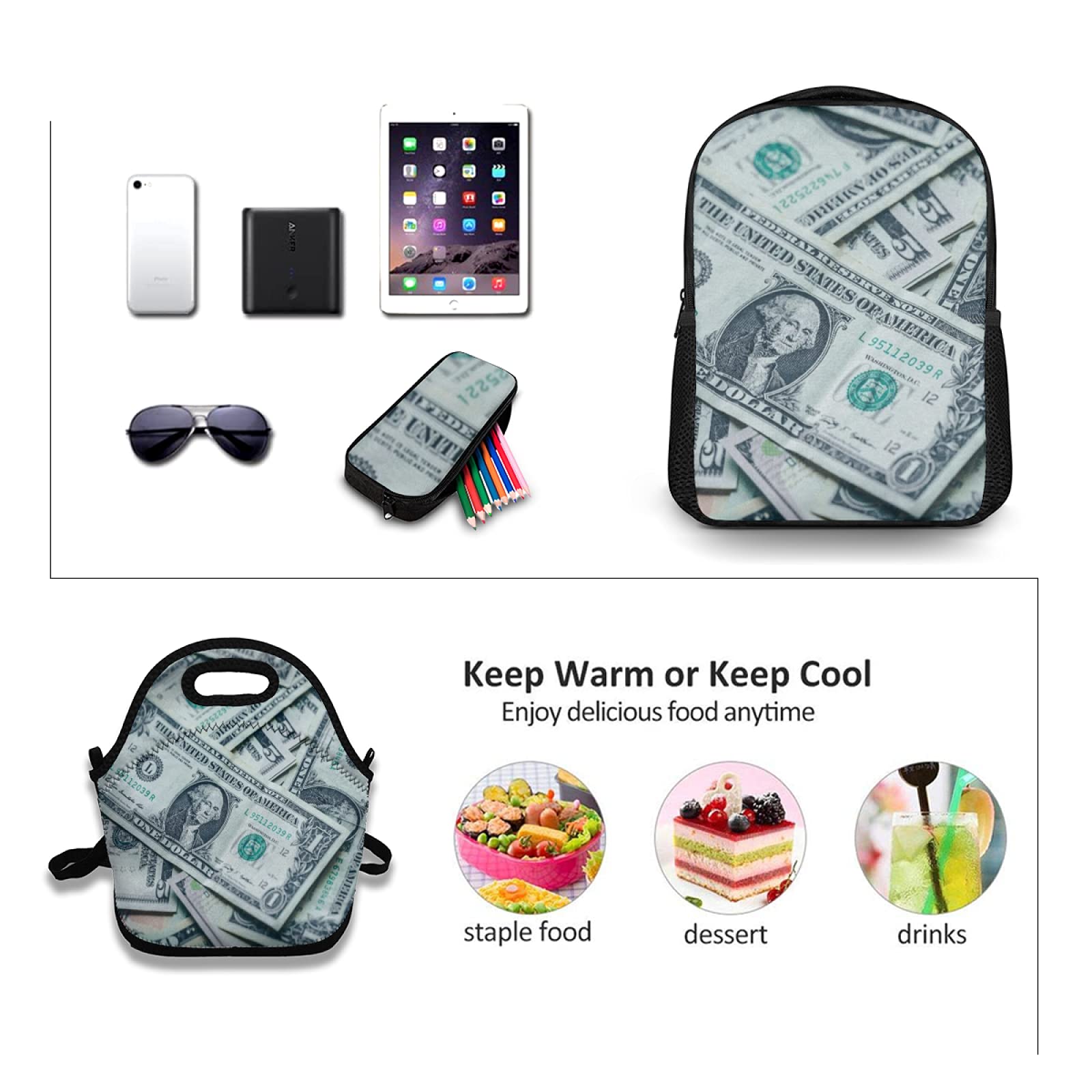 Juego de mochila escolar, billetes de banco de abundancia, billetes de dólares estadounidenses, con bolsa de almuerzo y estuche para lápices, para niñas, niños, adolescentes, bonita mochila escolar