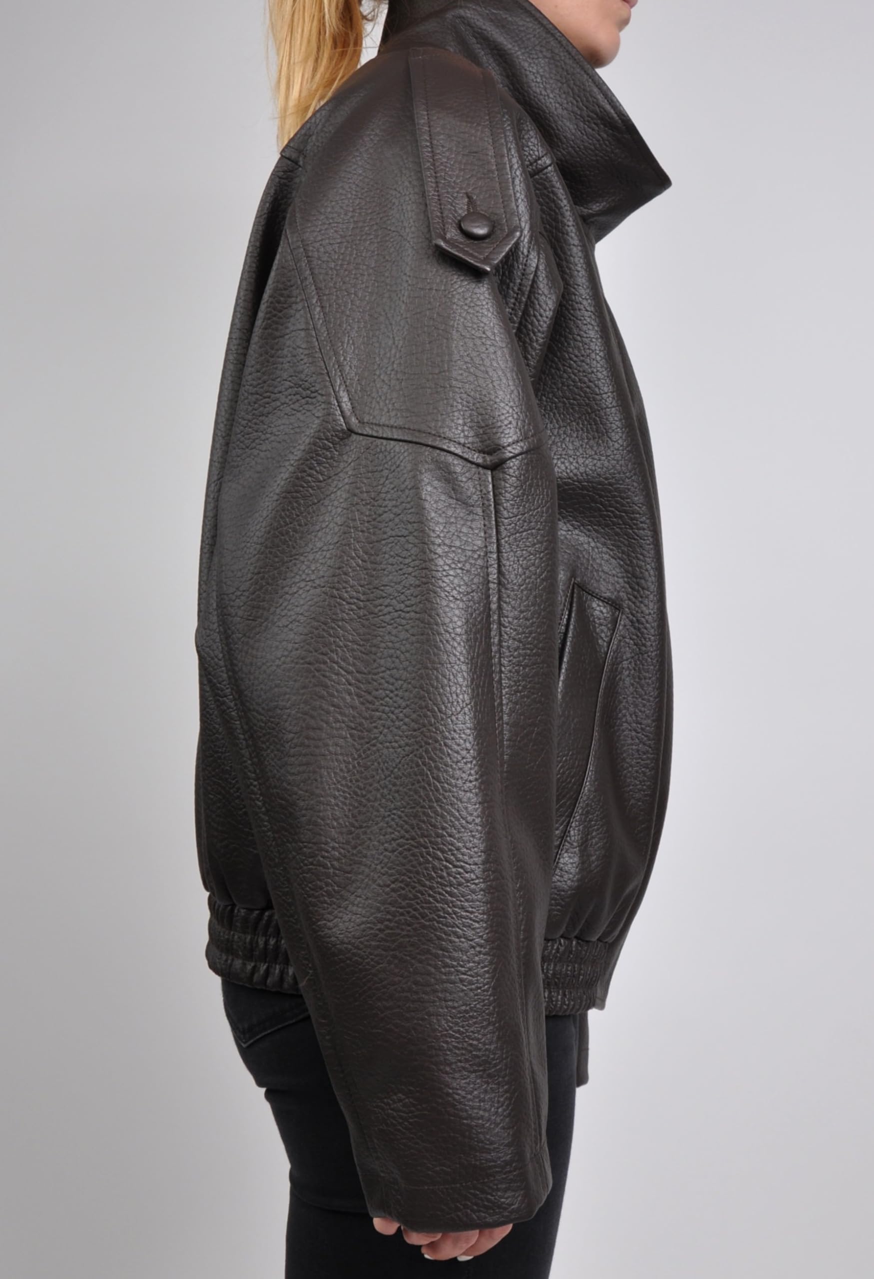 Blouson Biker Oversize en Similicuir Grainé, Col Montant, Style Perfecto