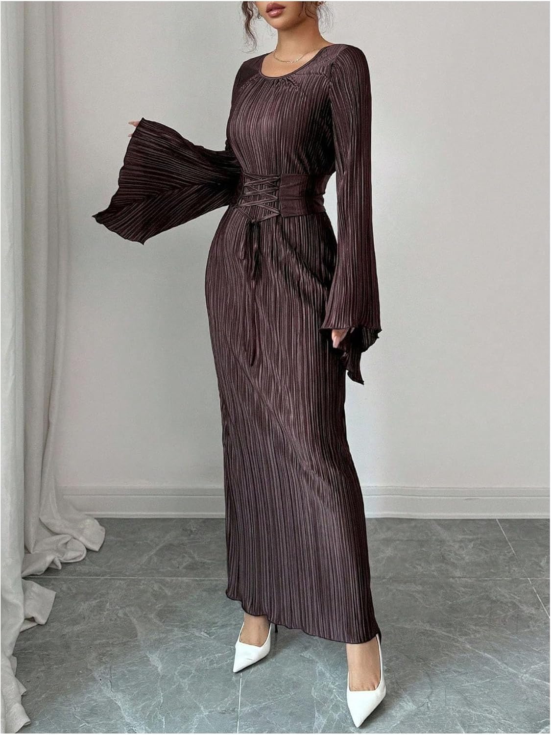 Women's Lace Up Bodycon Dress Elegant Textured Fall Dress Long Bell Sleeve Maxi Party Dresses - Image 3