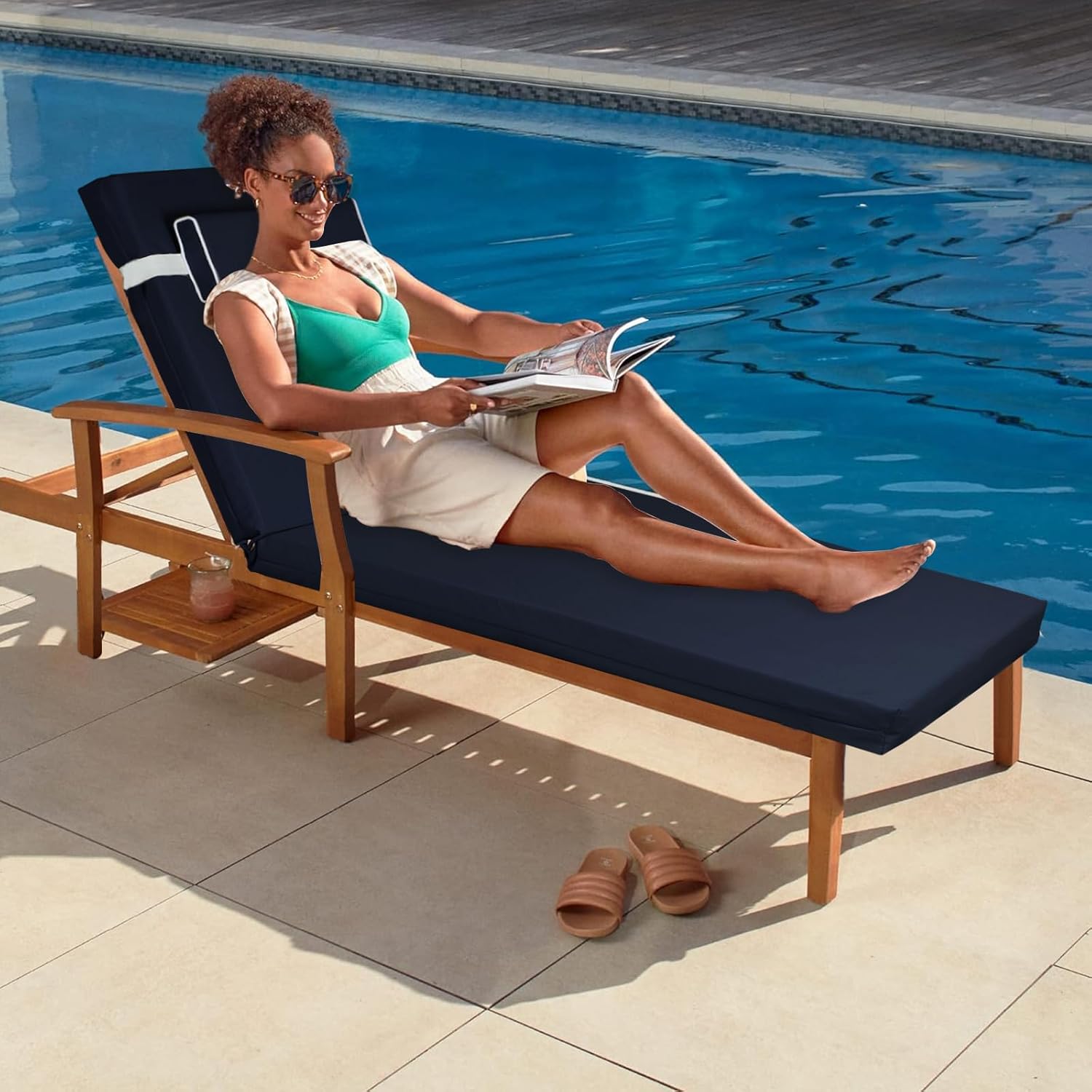 Chaise Lounge Cushions, 72" ×21" High Resilience Sponge Outdoor Lounge Chair Cushion with Removable Headrest, 3" Thicken Pool Waterproof Replacement Cushion (Navy Blue 1pc, 72x21x3 in)