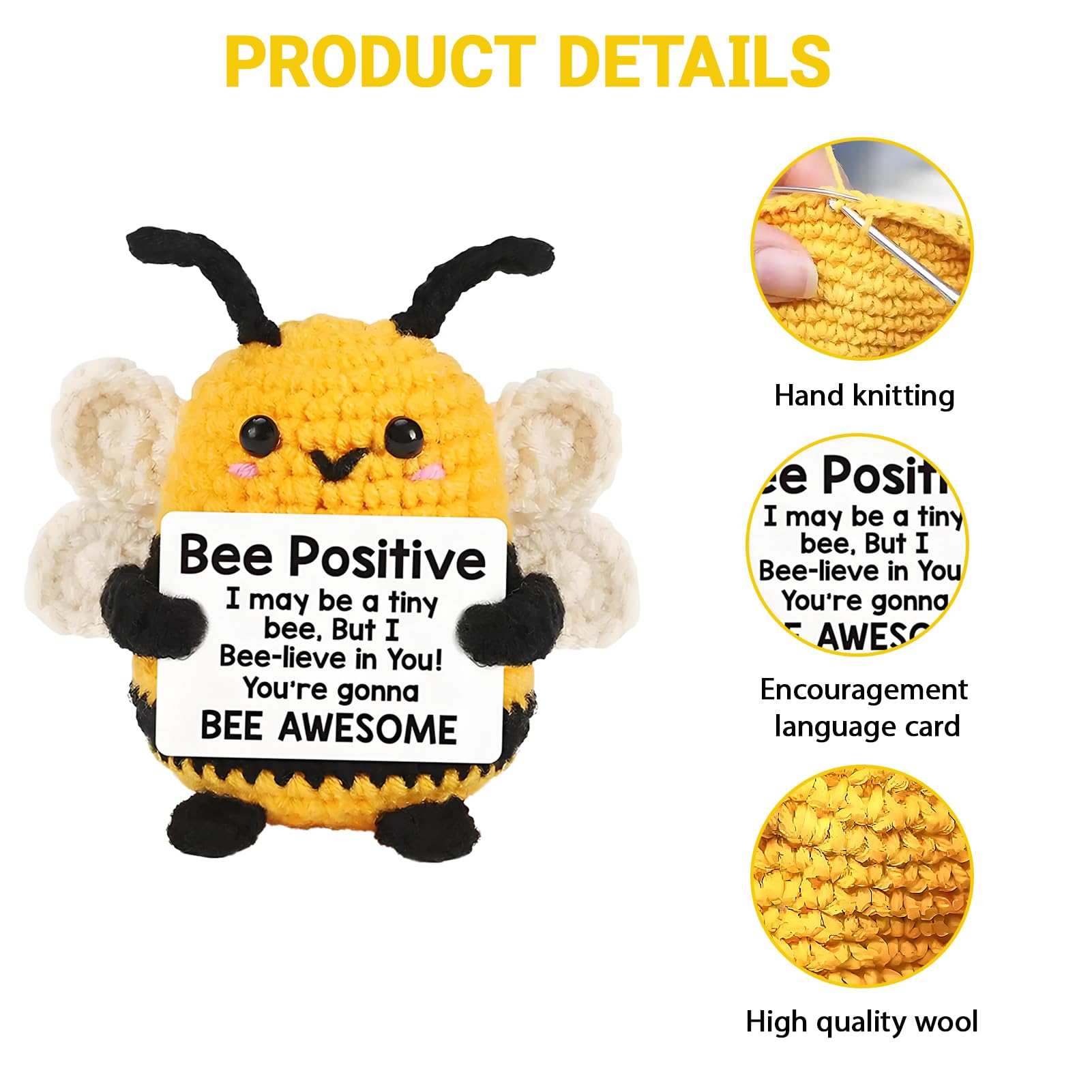 kclkda Funny Positive Bee Gift, Mini Crochet Pocket Bee with Motivational Card Emotional Support Plush Toy Cute Bee Affirmation Gift for Women, Friends, Students, Teachers, Colleagues, Farewell Gifts - Image 3