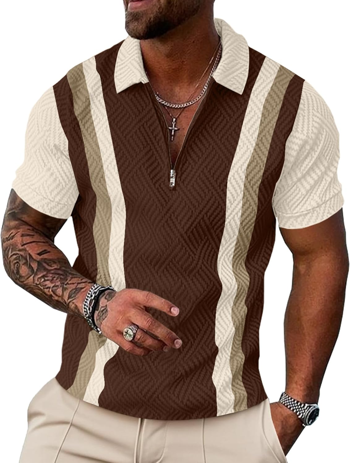 UOUA Men's 1/4 Zip Polo Shirts Summer Short Sleeve Sweatshirts Vintage Striped Texture Tops Casual Golf Tee