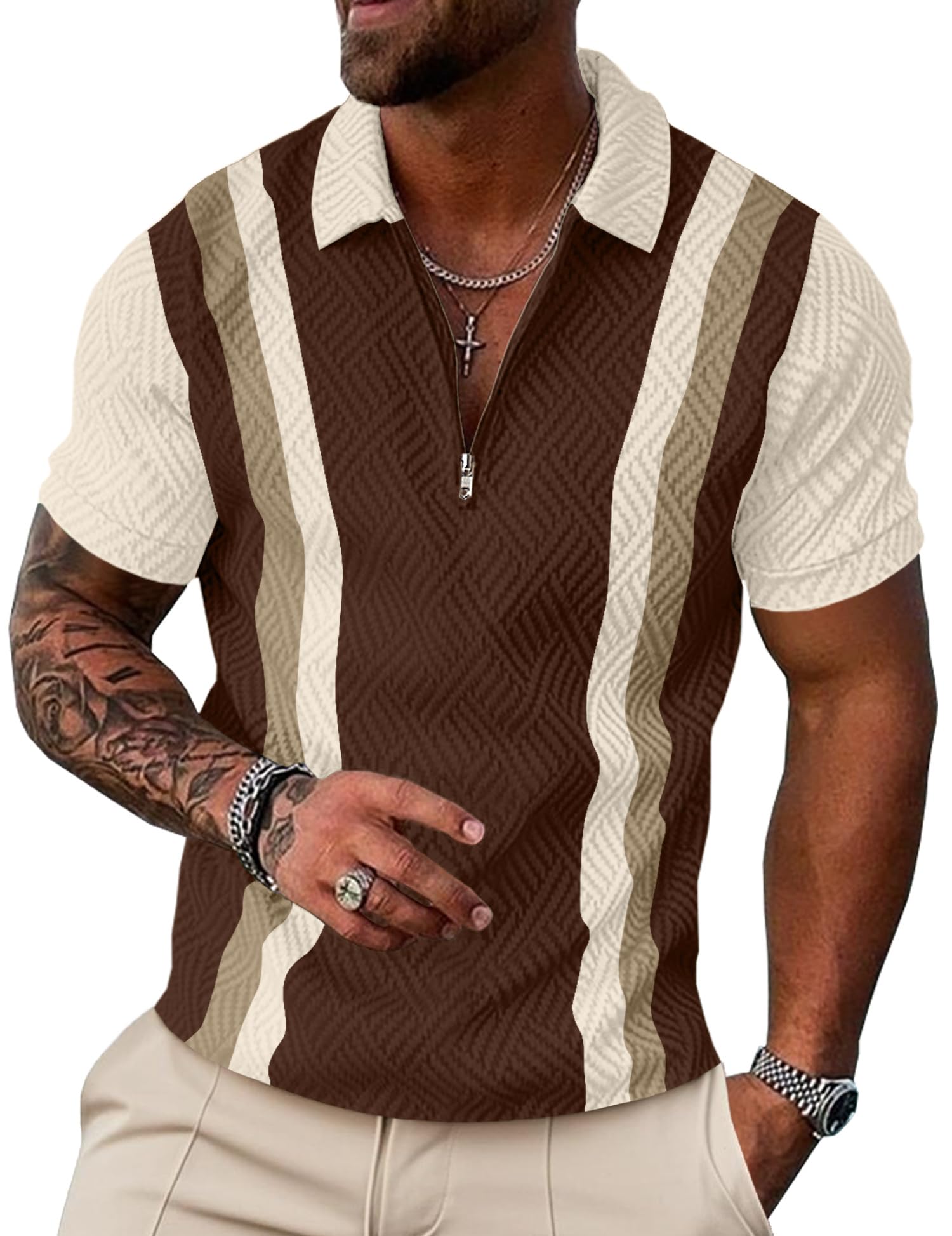 UOUA Men's 1/4 Zip Polo Shirts Summer Short Sleeve Sweatshirts Vintage Striped Texture Tops Casual Golf Tee