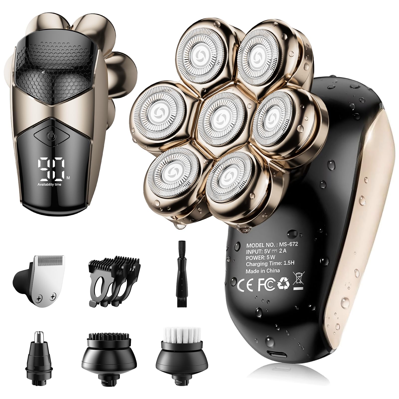 Electric Head Shavers for Men: 𝐈𝐏𝐗𝟕 𝐖𝐚𝐭𝐞𝐫𝐩𝐫𝐨𝐨𝐟 Electric Razor for Bald Men - 7D Rotating Shaver with LED Display - 𝟓-𝐢𝐧-𝟏 USB C Rechargeable Shaving Grooming Set-image-34