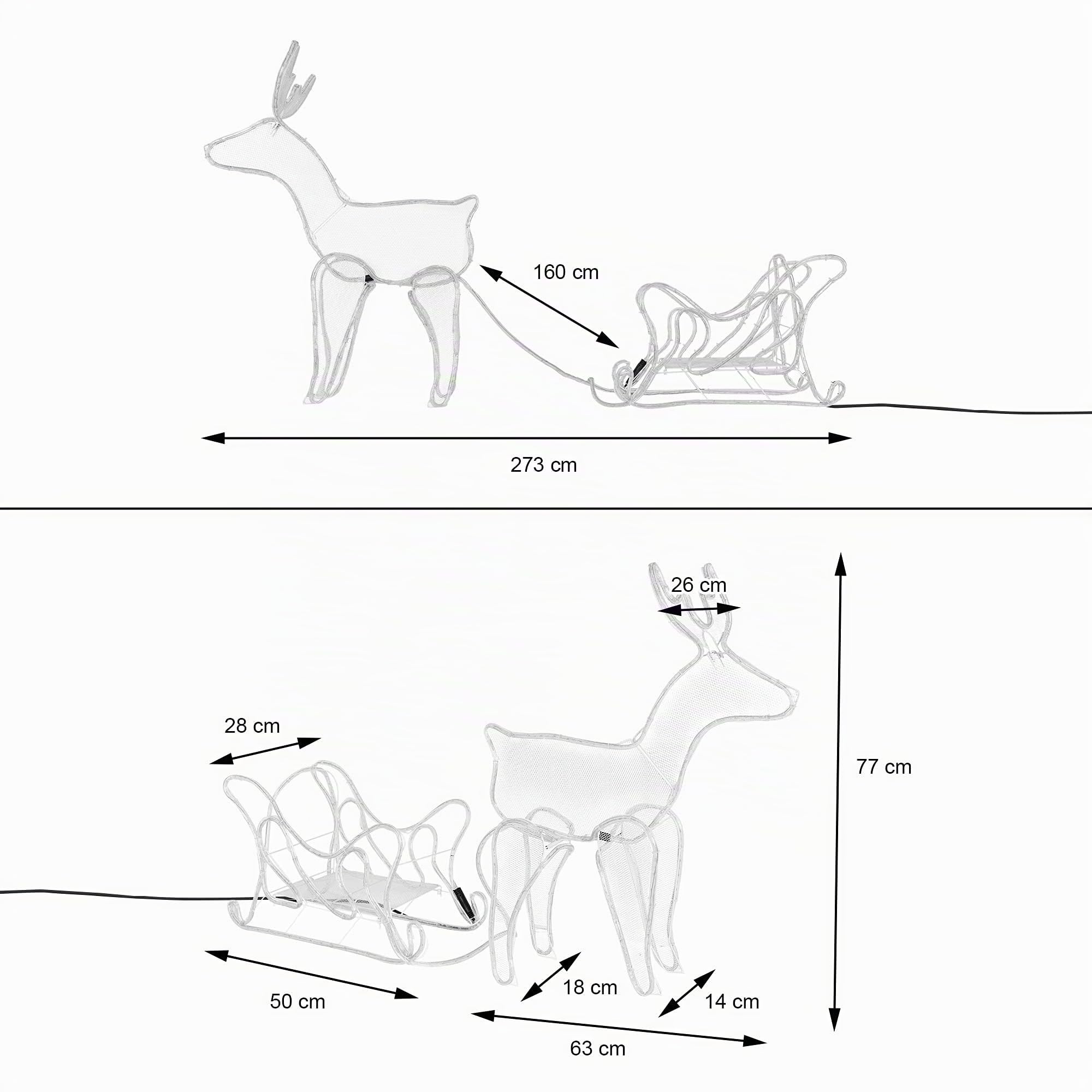 ECD Germany LED Deko Rentier mit Schlitten, 504 LEDs, aus PVC Schlauch, 273x77 cm, Warmweiß, Innen/Außen, Weihnachten Dekoration Figur Beleuchtet Lichtschlauch Weihnachtsbeleuchtung Leuchtfigur