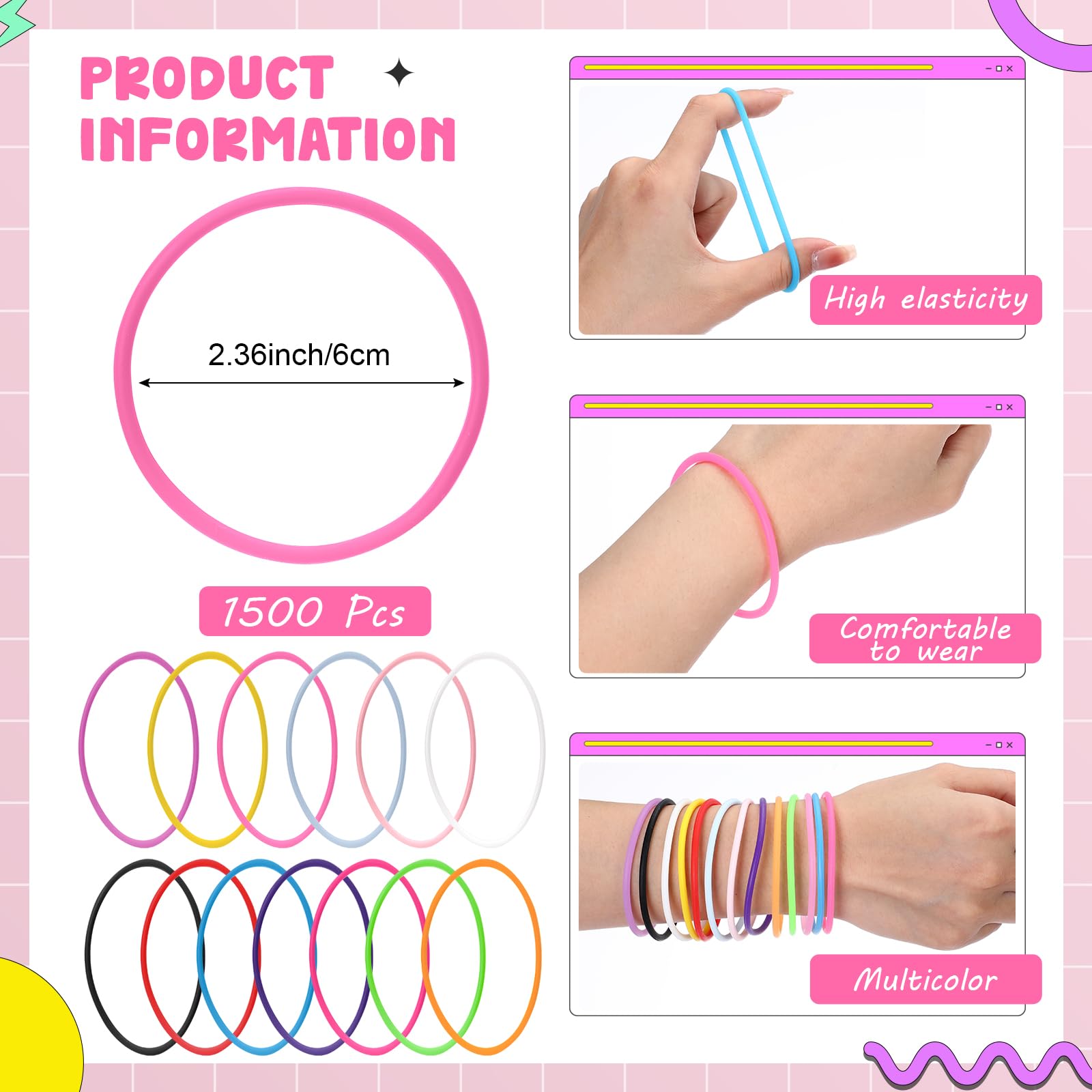 Nuenen 1500 Pcs Silicone Jelly Bracelets Bulk 80s Neon Silicone Bracelets Bands Retro Rainbow Jelly Wristbands Rock Pop Star Party Gift Wristbands Hair Ties for Disco Retro Rock Party Favor
