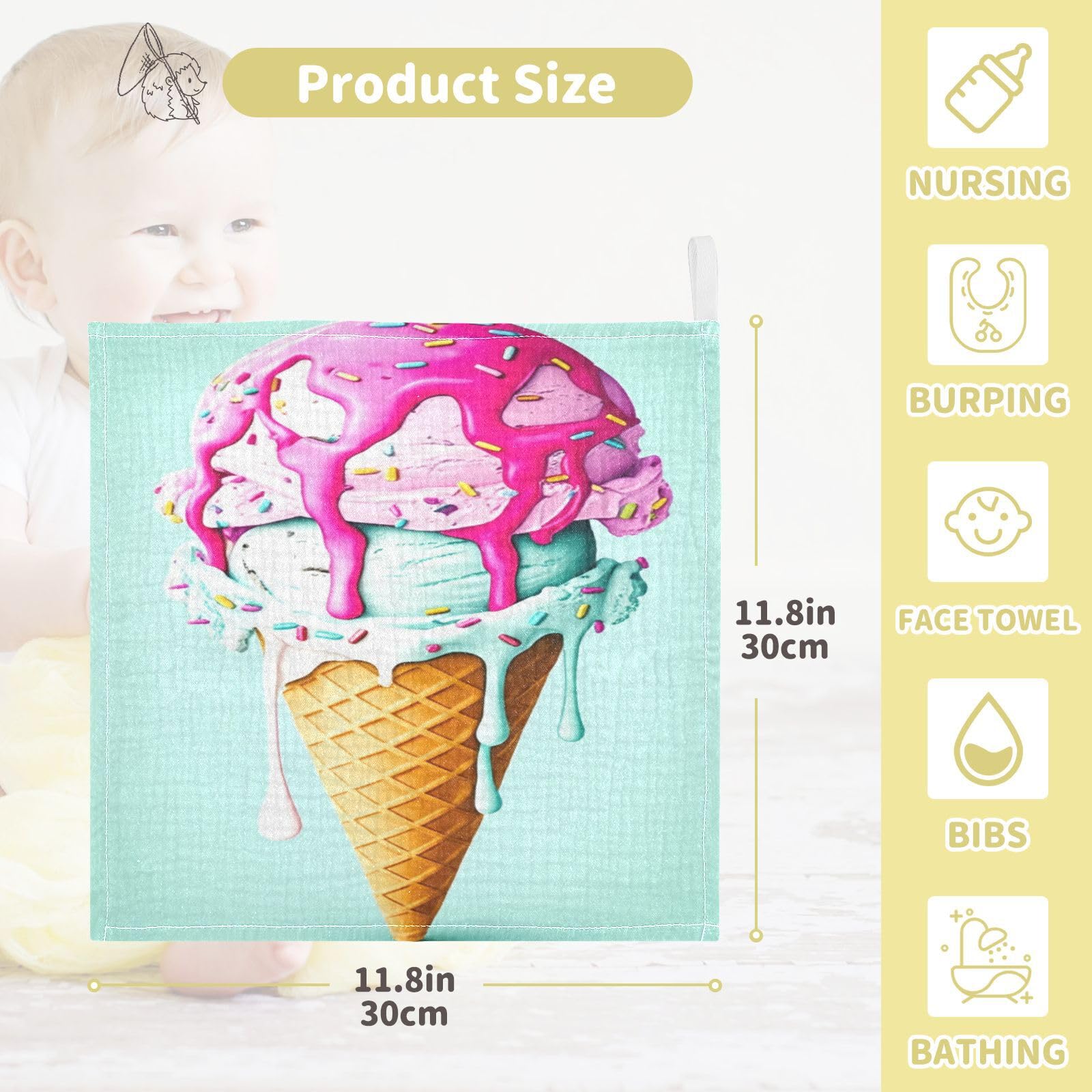 Kigai Ice Cream Baby Washcloths,5pcs Ultra Soft Absorbent Towel,Newborn Bath Face Towel, Natural Reusable Baby Wipes for Sensitive Skin, Baby Registry as Shower