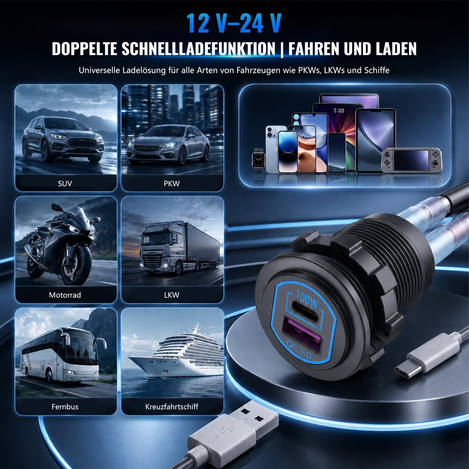 12V USB C Steckdose 100W PD & 18W QC,Wohnmobil Auto USB Dose Buchse 12 Volt