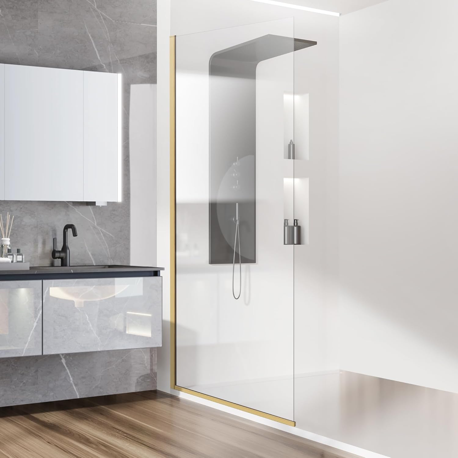 Xilewying Semi-Framed Fixed Bathroom Shower Glass Door, 34"*74" Single ...