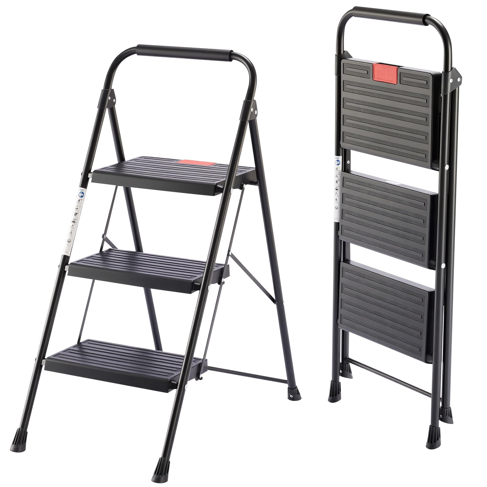 Sweetcrispy Trittleiter 3 Stufen klappbar, Klapptritt für Zuhause, stabile Anti-Rutsch-Leiter mit Handlauf, kompakte & leichte Klappleiter, bis 150 kg belastbar, ideal für Haushalt & Büro, Schwarz