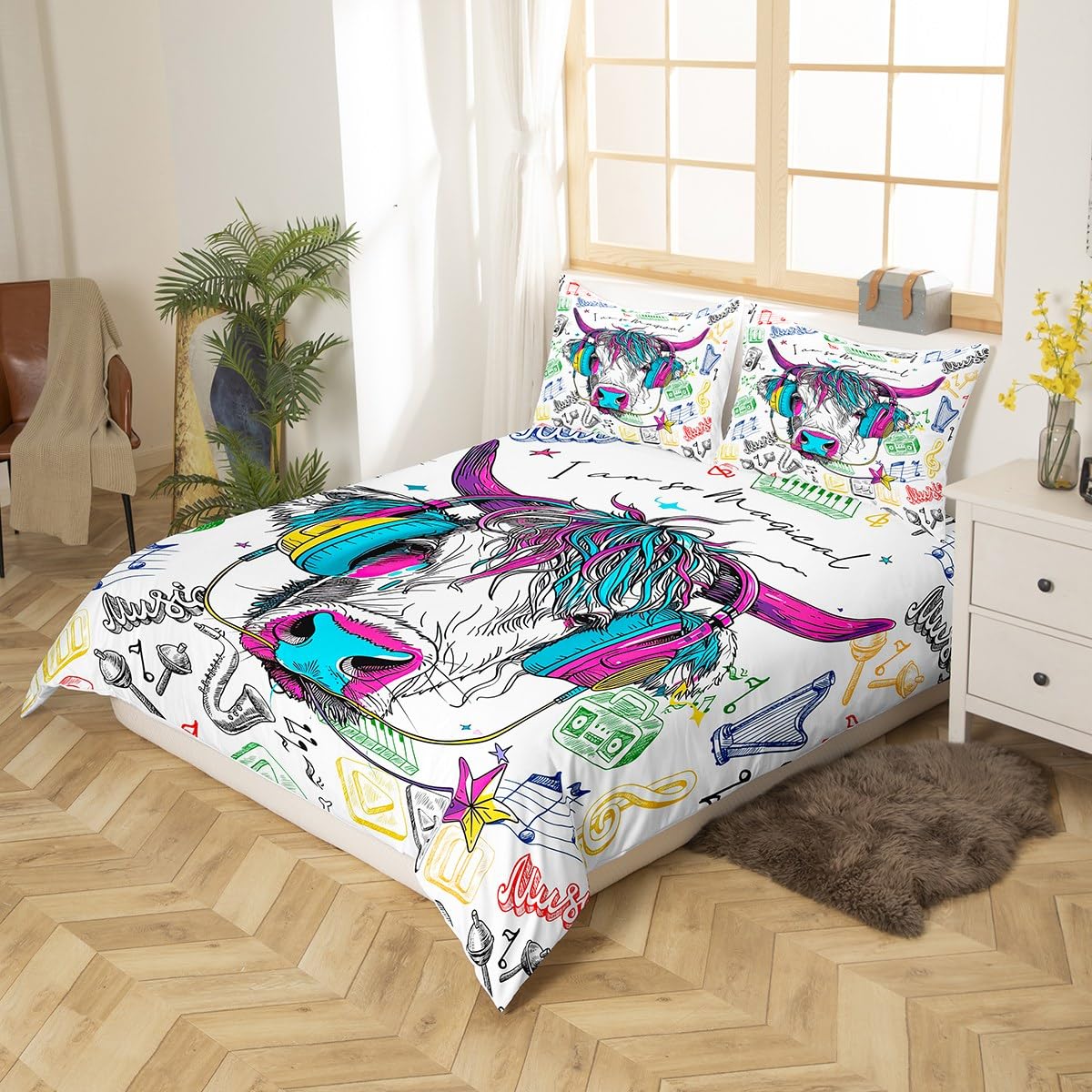 Erosebridal Highland Cow Bedding Set Bull Cattle with Headphones Duvet Cover Twin,Boys Hippie Music Farm Animals Comforter Cover Set,Western Animals Wildlife Bed Set Cowboys Room Decor